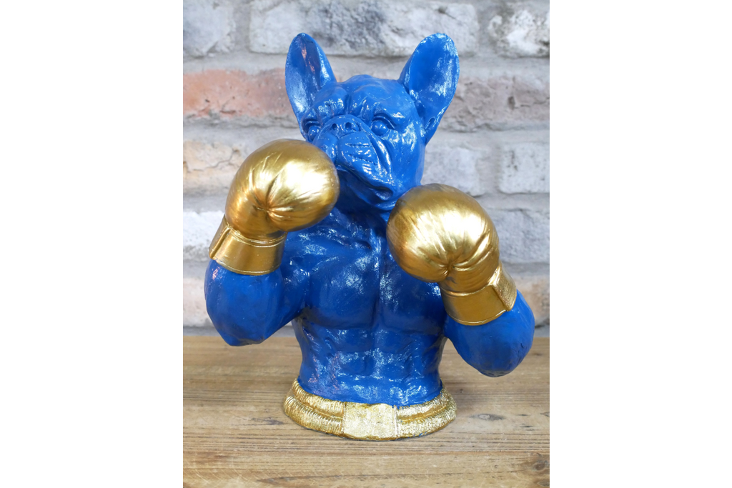 Gold Boxing French Bulldog Bust - Quirky Blue Resin Frenchie Dog Statue