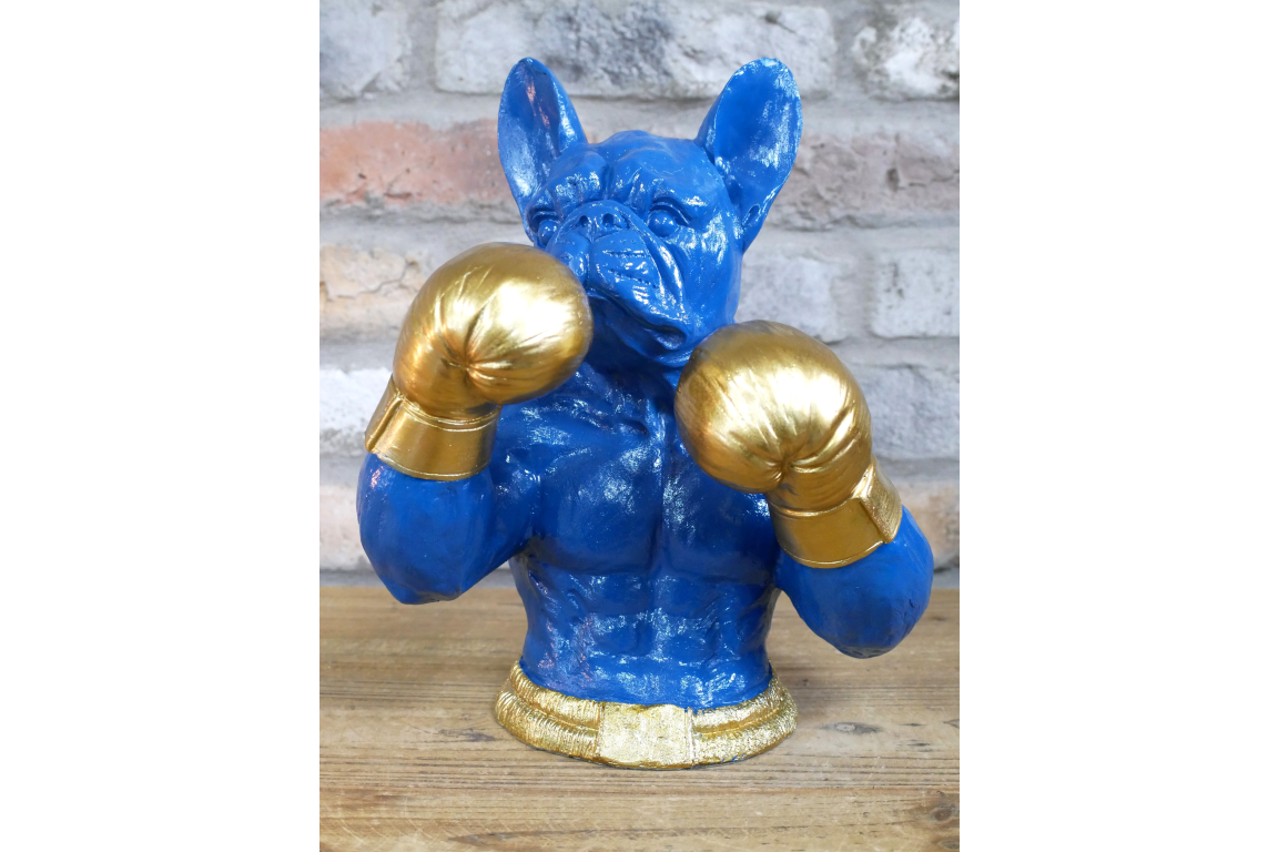 Gold Boxing French Bulldog Bust - Quirky Blue Resin Frenchie Dog Statue