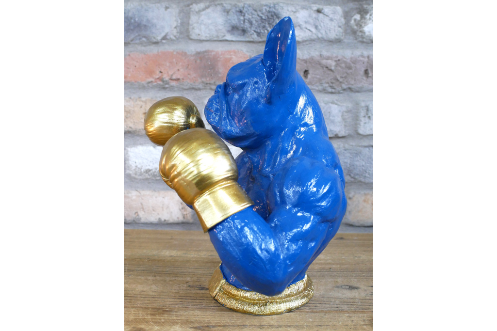 Gold Boxing French Bulldog Bust - Quirky Blue Resin Frenchie Dog Statue
