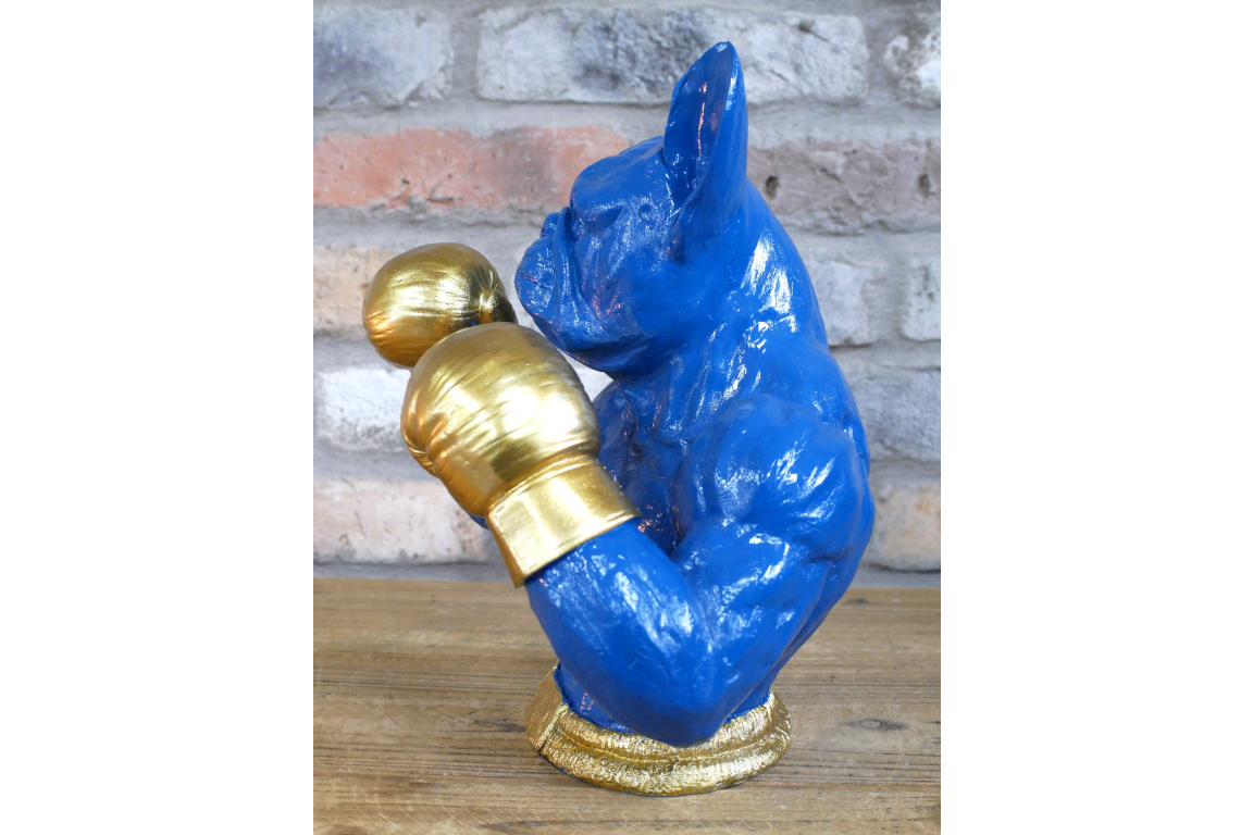 Gold Boxing French Bulldog Bust - Quirky Blue Resin Frenchie Dog Statue