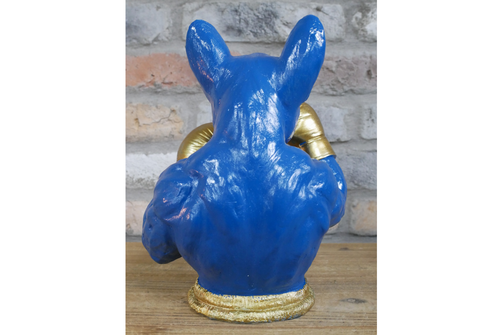 Gold Boxing French Bulldog Bust - Quirky Blue Resin Frenchie Dog Statue