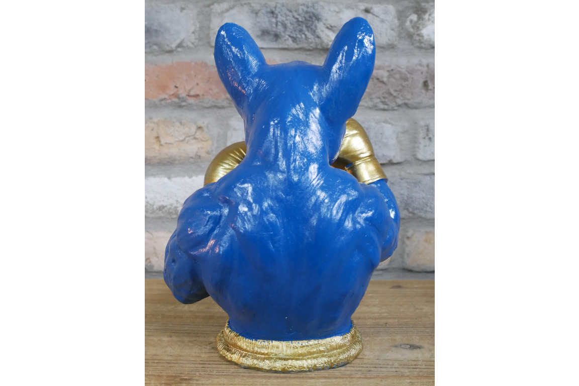 Gold Boxing French Bulldog Bust - Quirky Blue Resin Frenchie Dog Statue