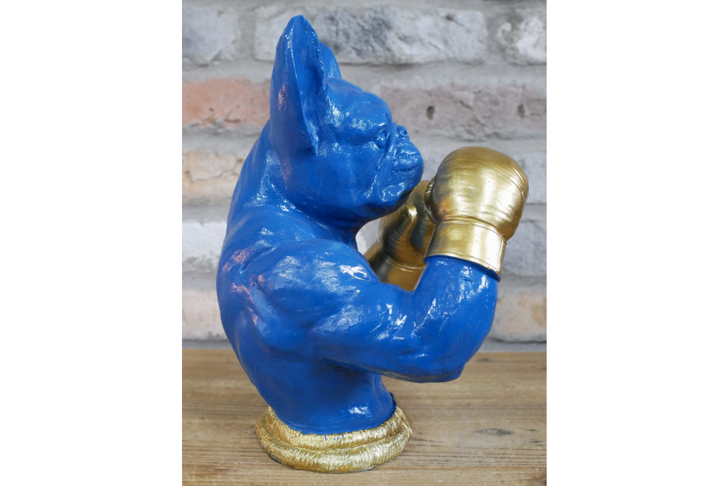 Gold Boxing French Bulldog Bust - Quirky Blue Resin Frenchie Dog Statue