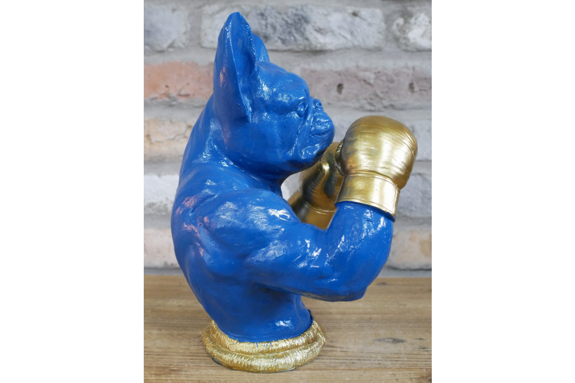 Gold Boxing French Bulldog Bust - Quirky Blue Resin Frenchie Dog Statue