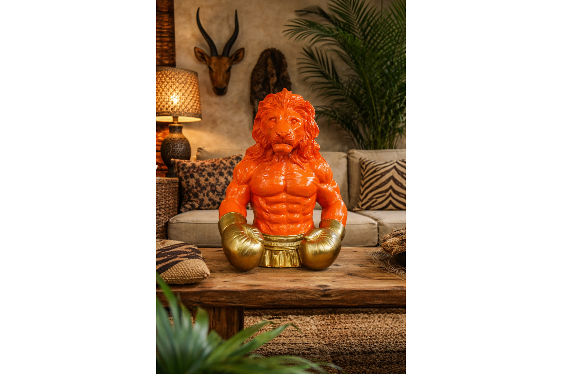 Gold Boxing Lion Torso Bust - Large Orange Resin King Animal Sculpture