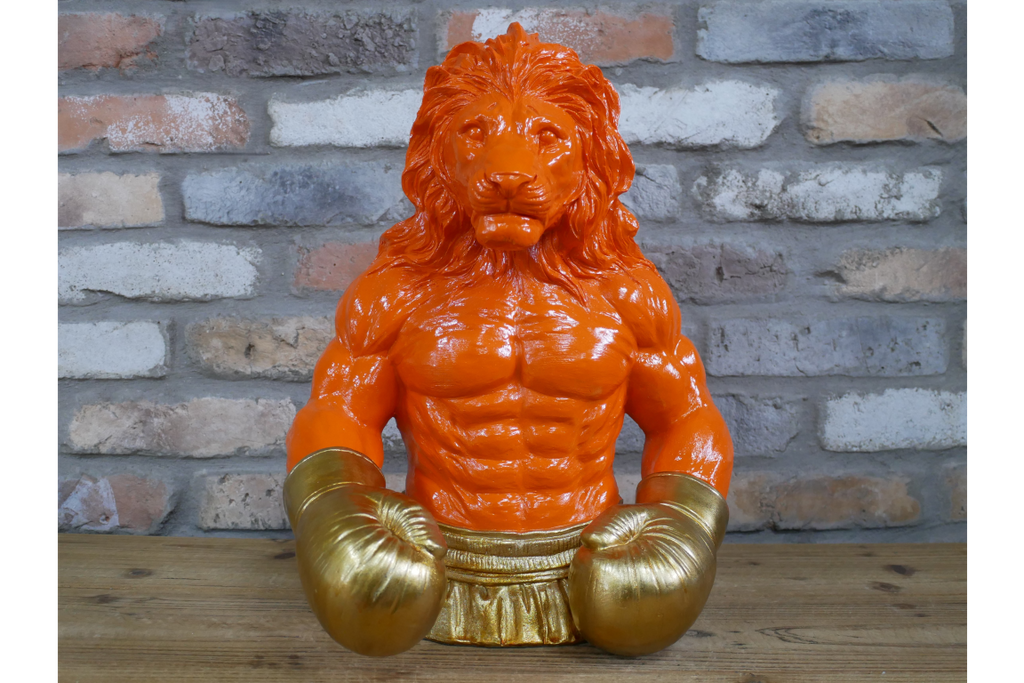 Gold Boxing Lion Torso Bust - Large Orange Resin King Animal Sculpture