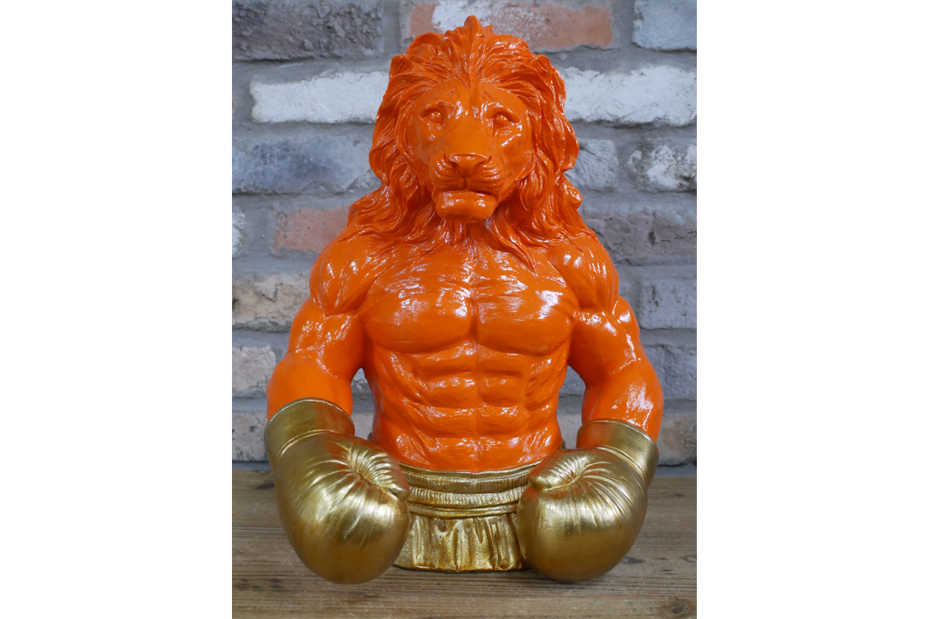 Gold Boxing Lion Torso Bust - Large Orange Resin King Animal Sculpture