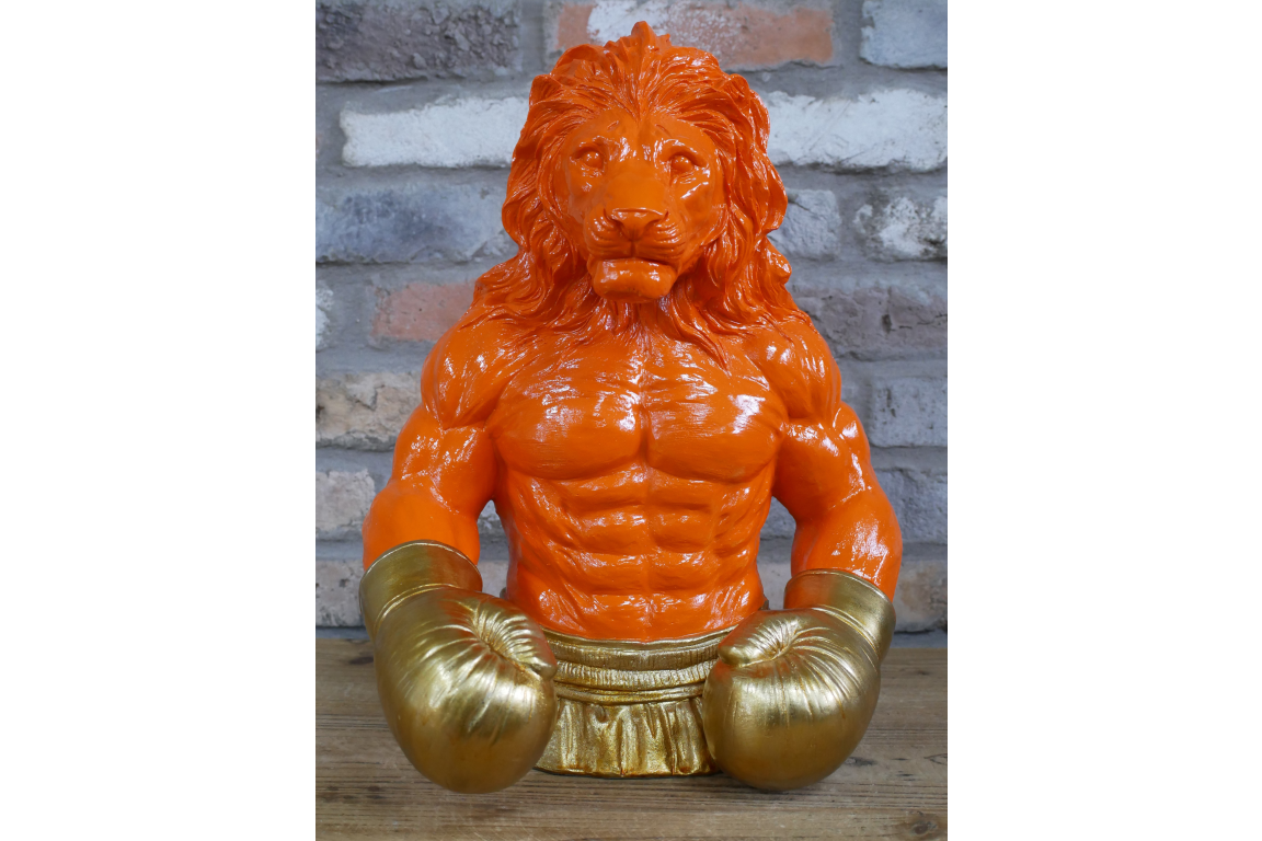Gold Boxing Lion Torso Bust - Large Orange Resin King Animal Sculpture