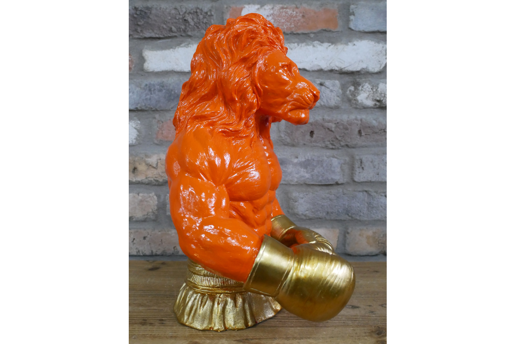 Gold Boxing Lion Torso Bust - Large Orange Resin King Animal Sculpture