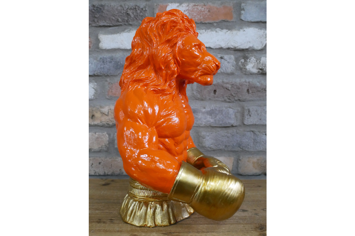 Gold Boxing Lion Torso Bust - Large Orange Resin King Animal Sculpture
