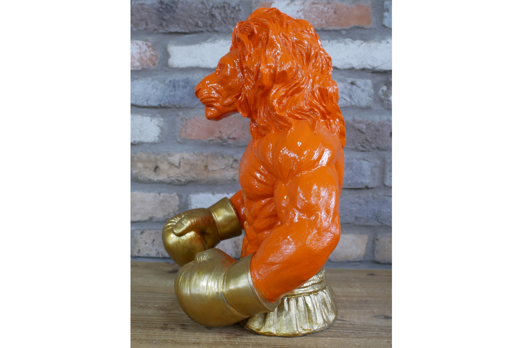 Gold Boxing Lion Torso Bust - Large Orange Resin King Animal Sculpture