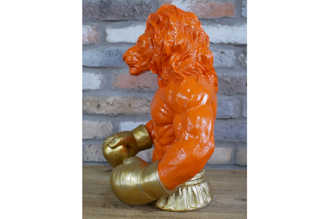 Gold Boxing Lion Torso Bust - Large Orange Resin King Animal Sculpture
