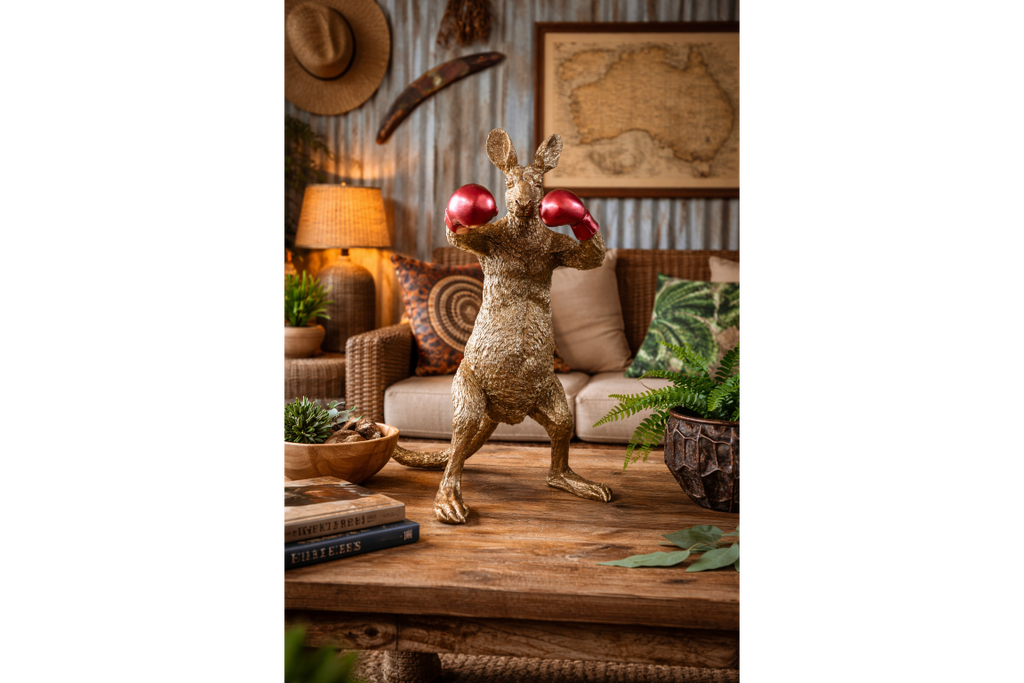Red Boxing Kangaroo Statue - Quirky Gold Resin Australian Animal Decor