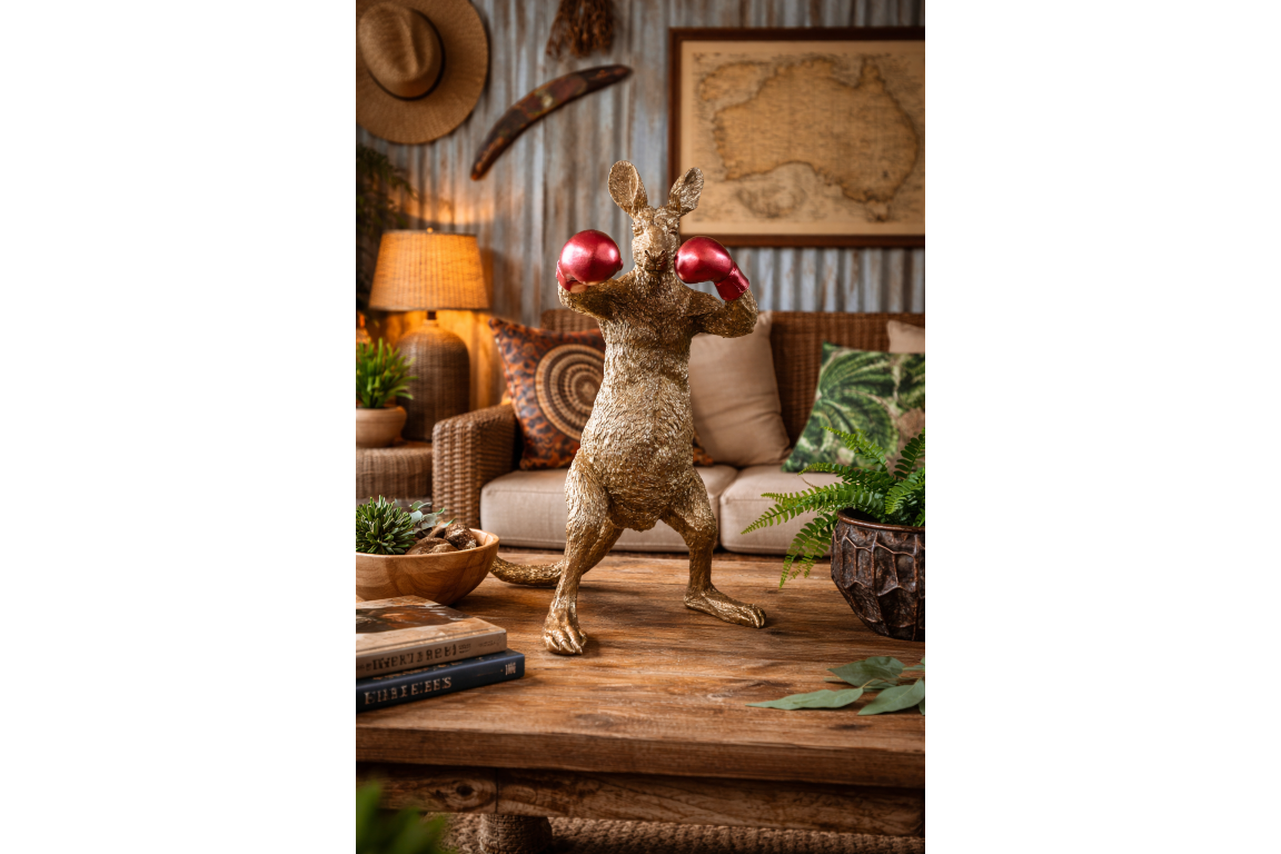 Red Boxing Kangaroo Statue - Quirky Gold Resin Australian Animal Decor
