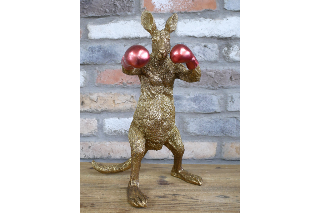 Red Boxing Kangaroo Statue - Quirky Gold Resin Australian Animal Decor