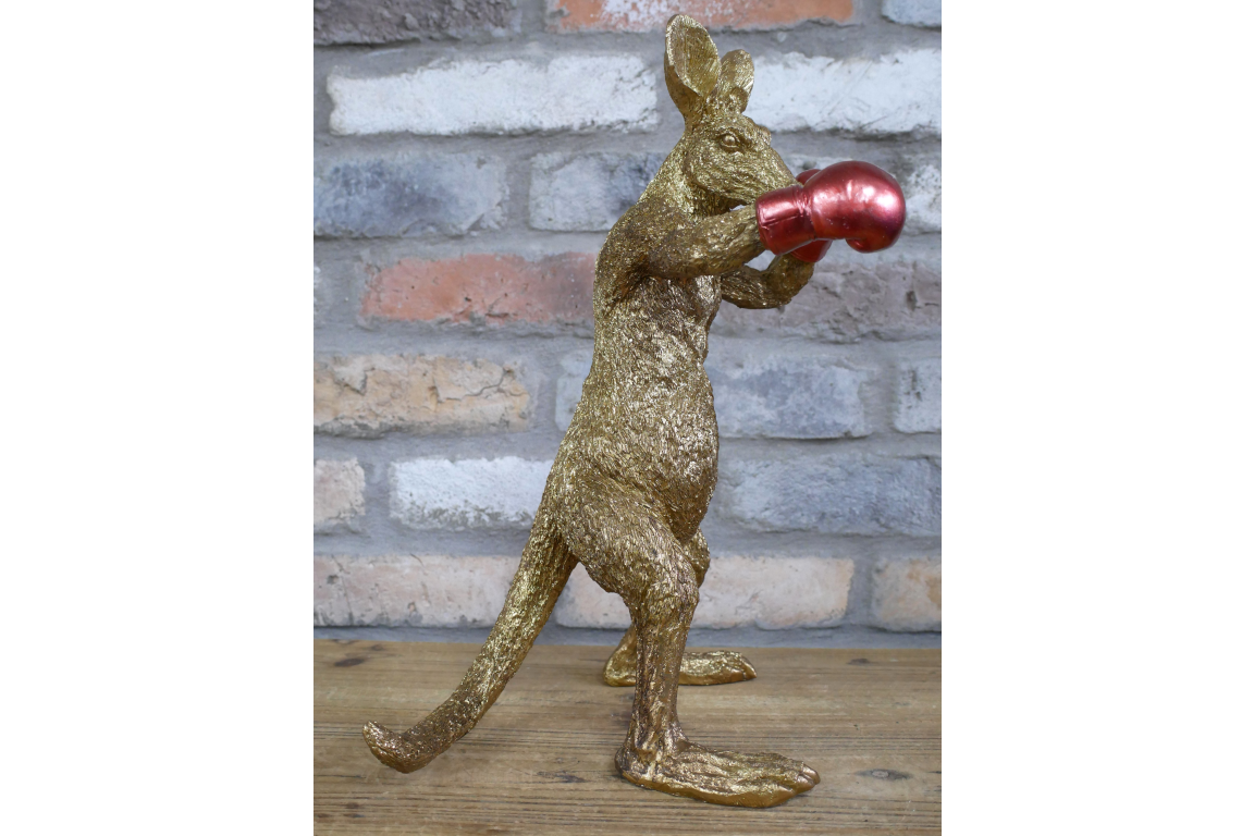 Red Boxing Kangaroo Statue - Quirky Gold Resin Australian Animal Decor