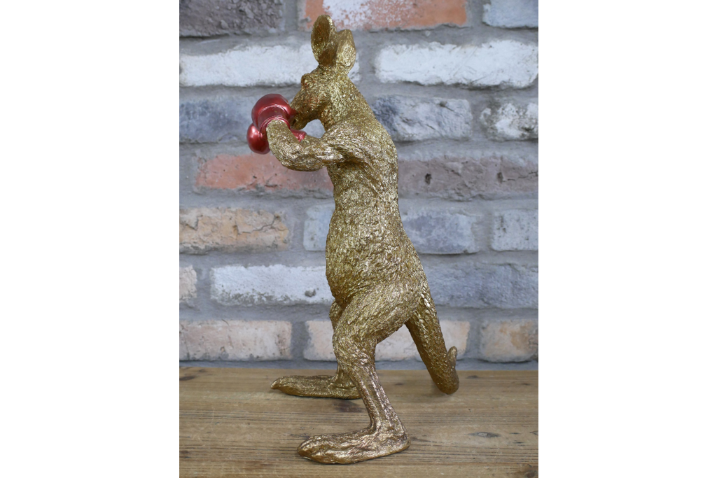 Red Boxing Kangaroo Statue - Quirky Gold Resin Australian Animal Decor