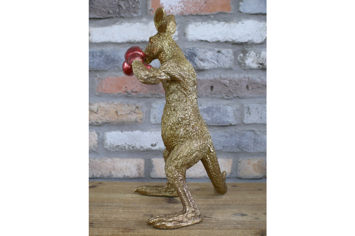 Red Boxing Kangaroo Statue - Quirky Gold Resin Australian Animal Decor