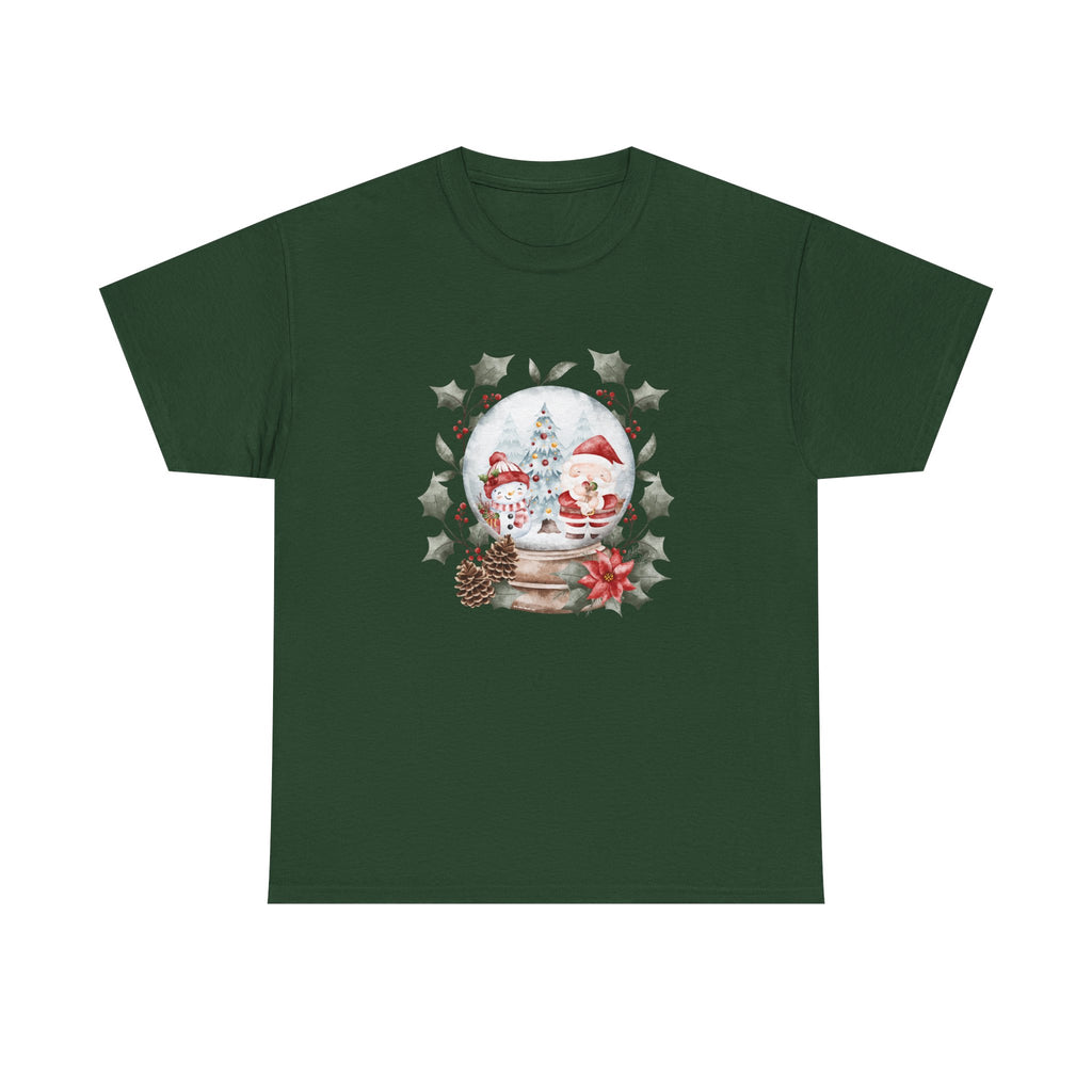 Christmas Snow Globe Printed T-Shirt 100% Cotton Novelty Santa Snowman Xmas Tee Gift Forest Green