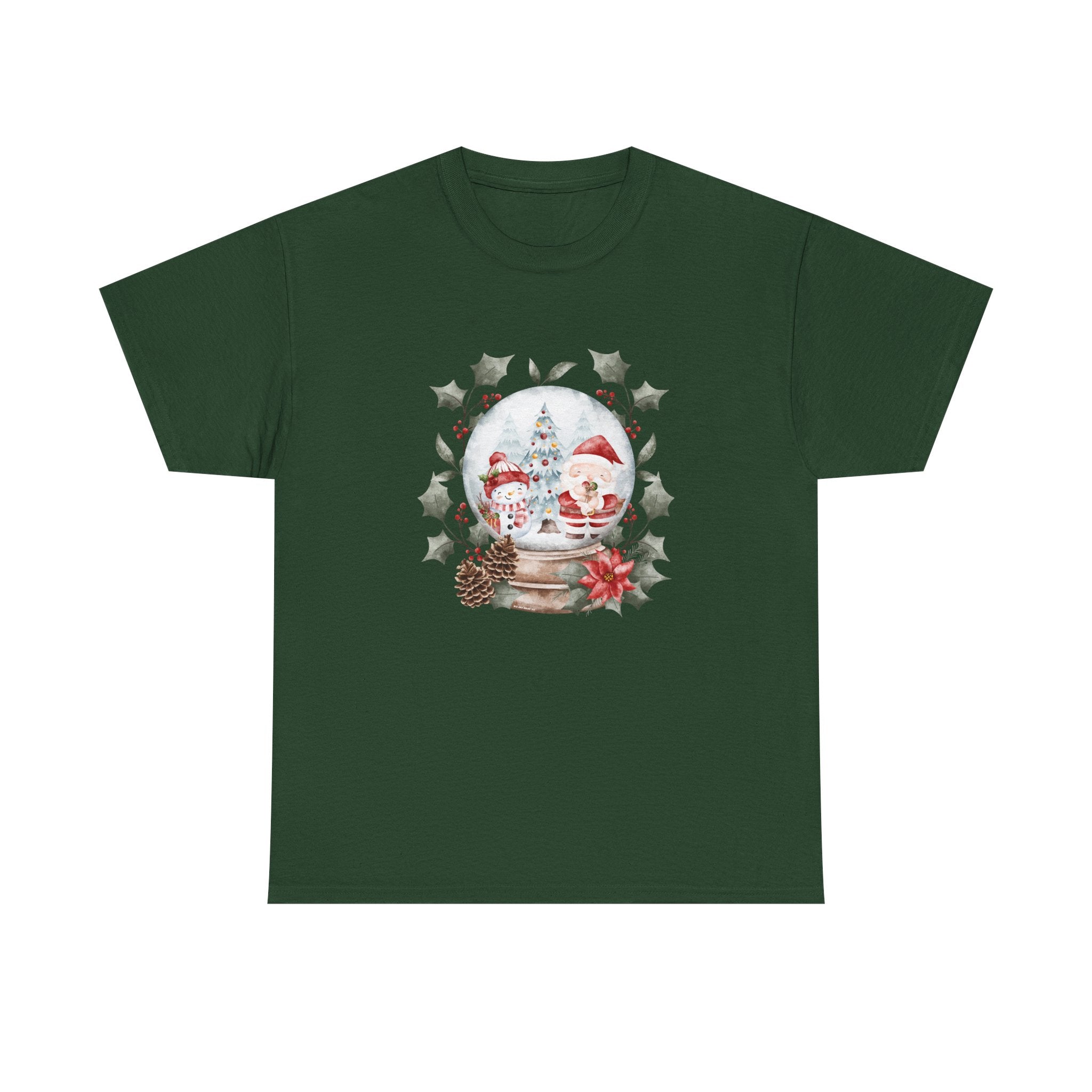 Christmas Snow Globe Printed T-Shirt 100% Cotton Novelty Santa Snowman Xmas Tee Gift Forest Green
