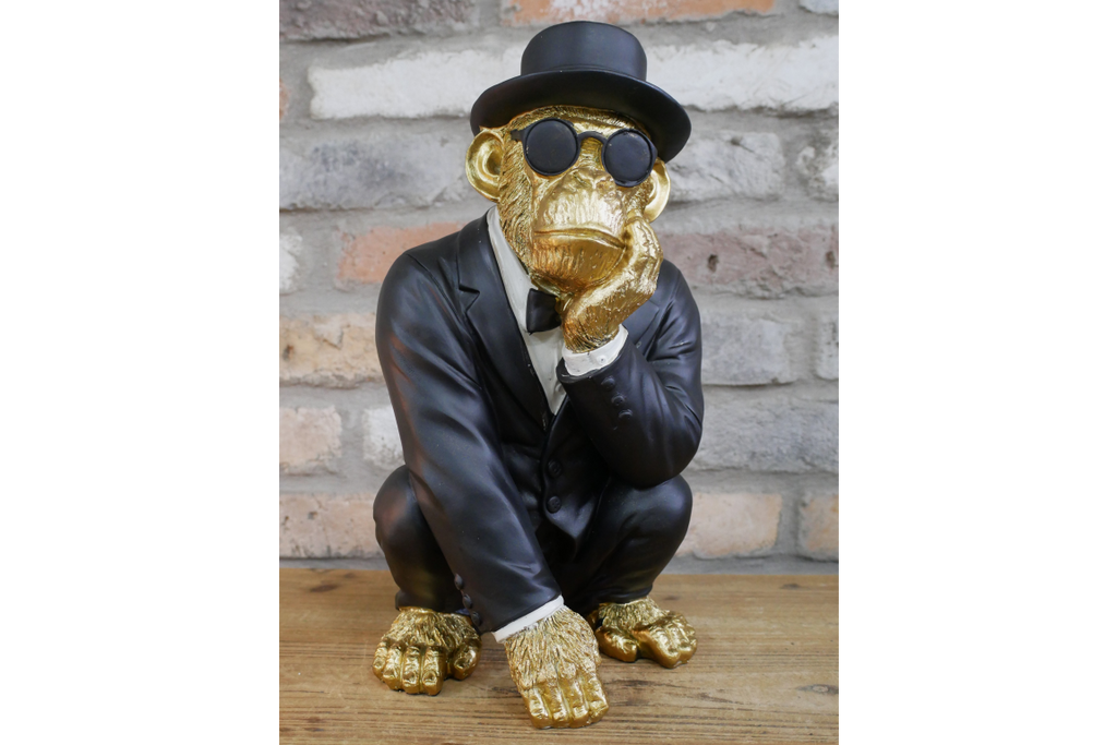 Gold & Black Monkey Gentleman Statue - Quirky Resin Chimp Suit Ornament