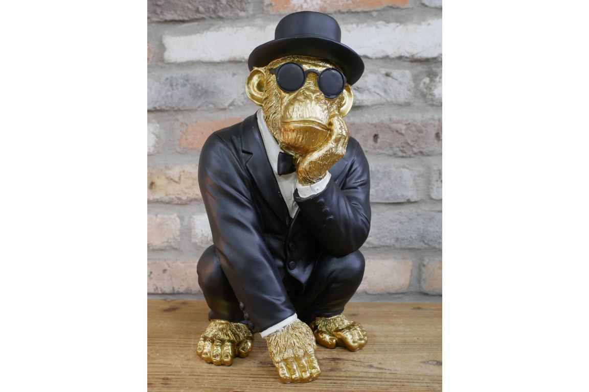 Gold & Black Monkey Gentleman Statue - Quirky Resin Chimp Suit Ornament