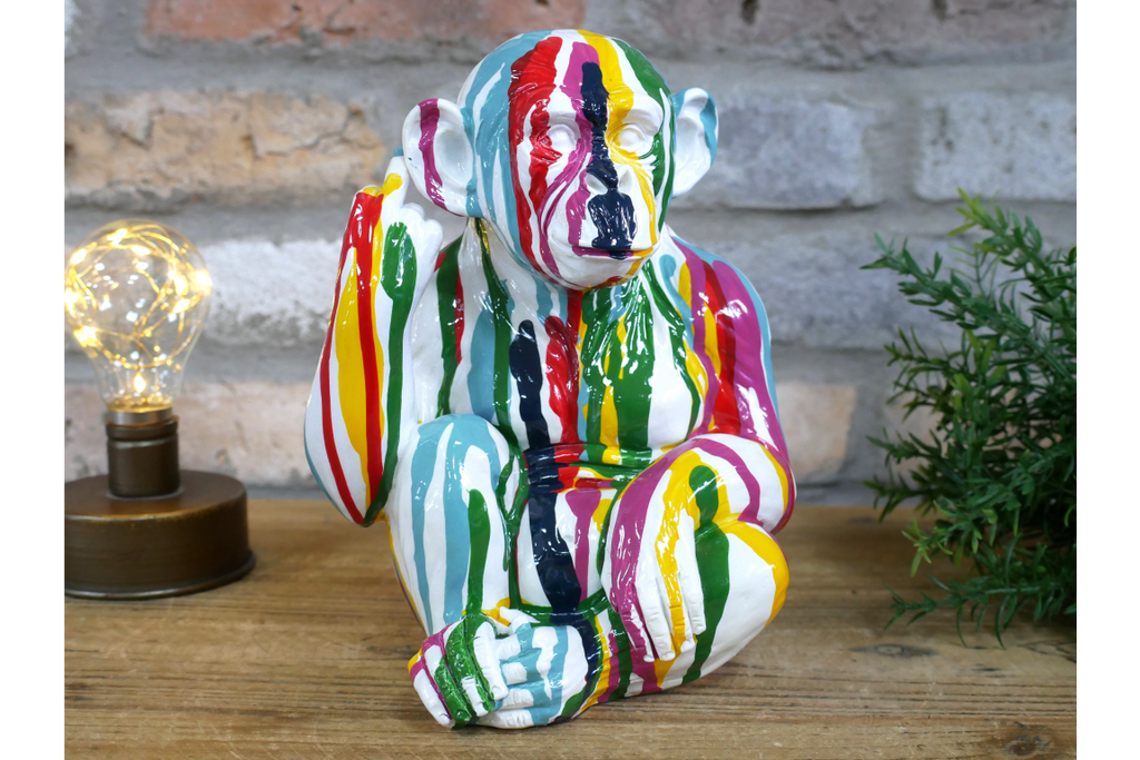 Multi-Color Paint Drip Monkey Statue - Quirky Resin Chimp Pop Art Ornament