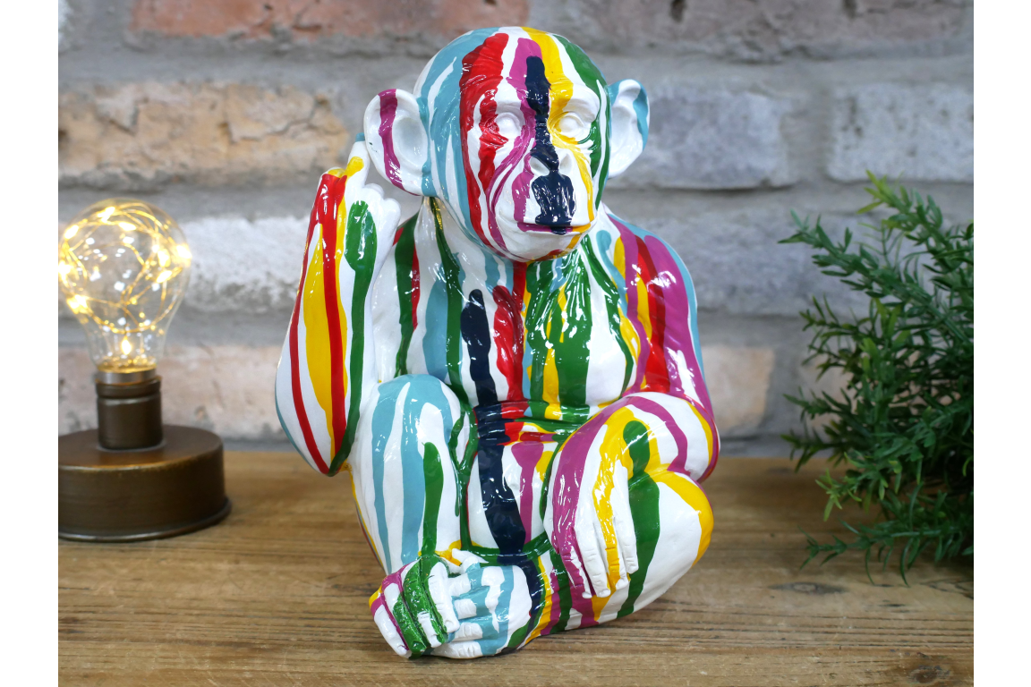 Multi-Color Paint Drip Monkey Statue - Quirky Resin Chimp Pop Art Ornament