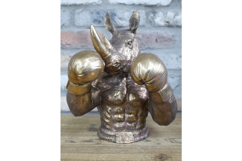 Antique Bronze Boxing Rhino Bust - Quirky Resin Rhinoceros Animal Statue