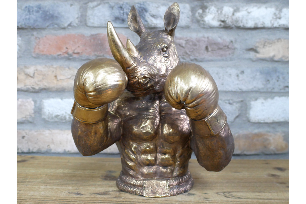 Antique Bronze Boxing Rhino Bust - Quirky Resin Rhinoceros Animal Statue