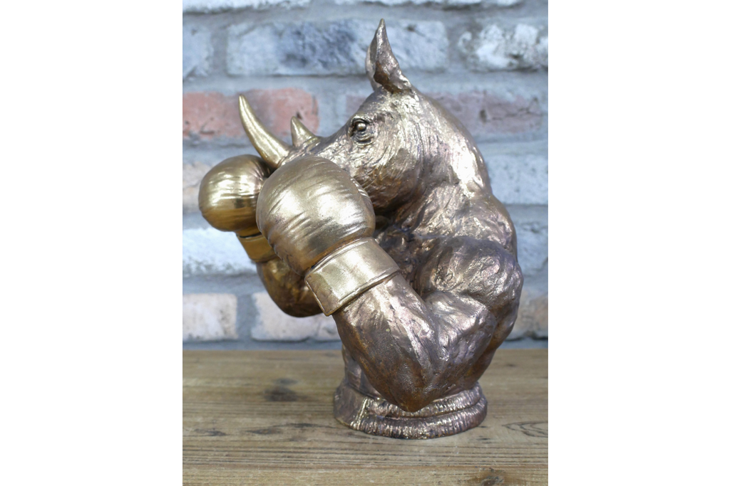 Antique Bronze Boxing Rhino Bust - Quirky Resin Rhinoceros Animal Statue