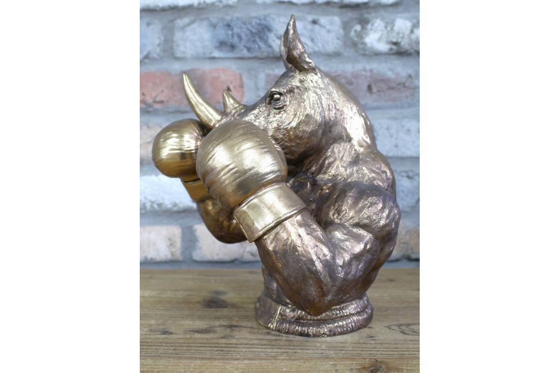 Antique Bronze Boxing Rhino Bust - Quirky Resin Rhinoceros Animal Statue