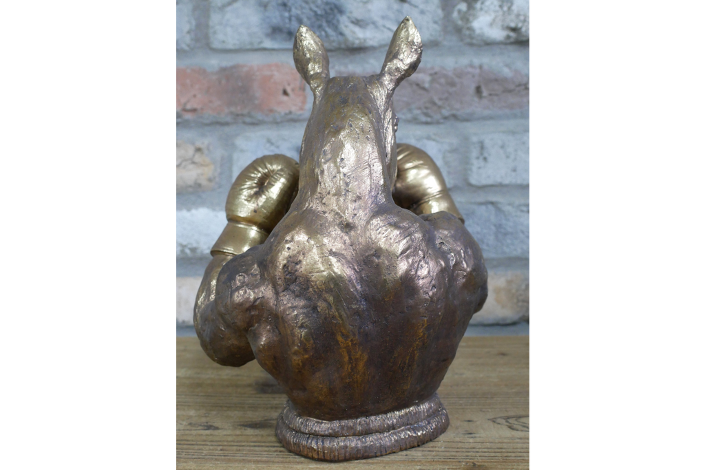Antique Bronze Boxing Rhino Bust - Quirky Resin Rhinoceros Animal Statue