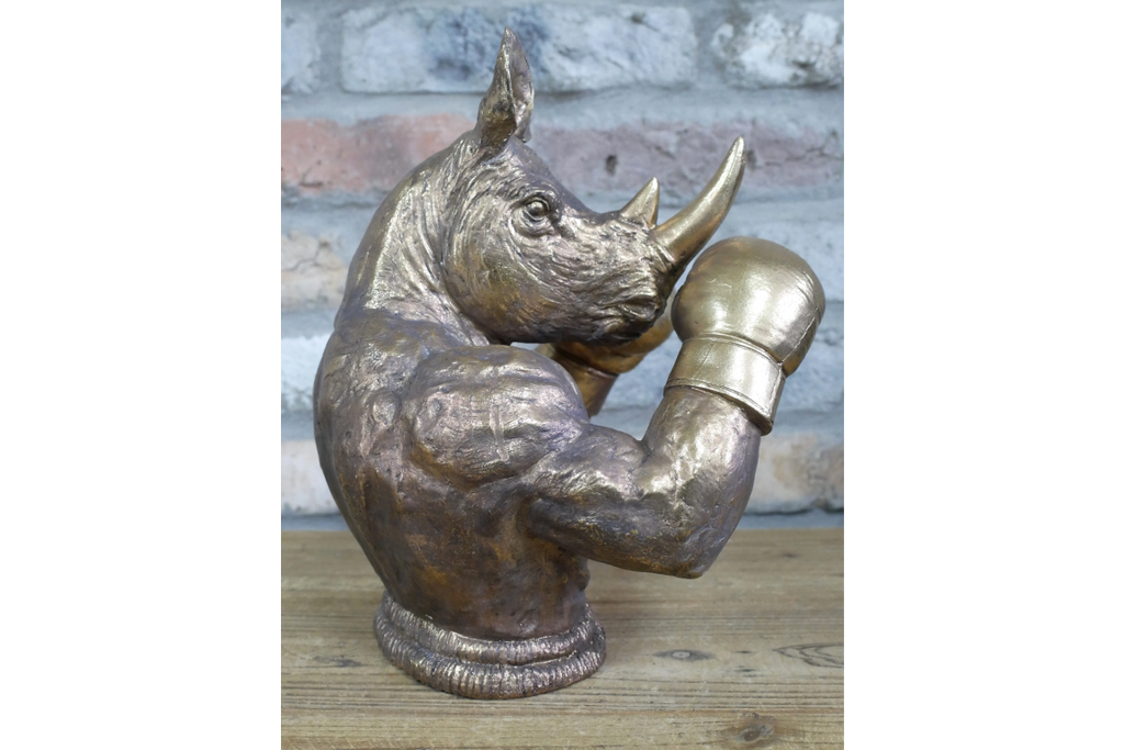 Antique Bronze Boxing Rhino Bust - Quirky Resin Rhinoceros Animal Statue