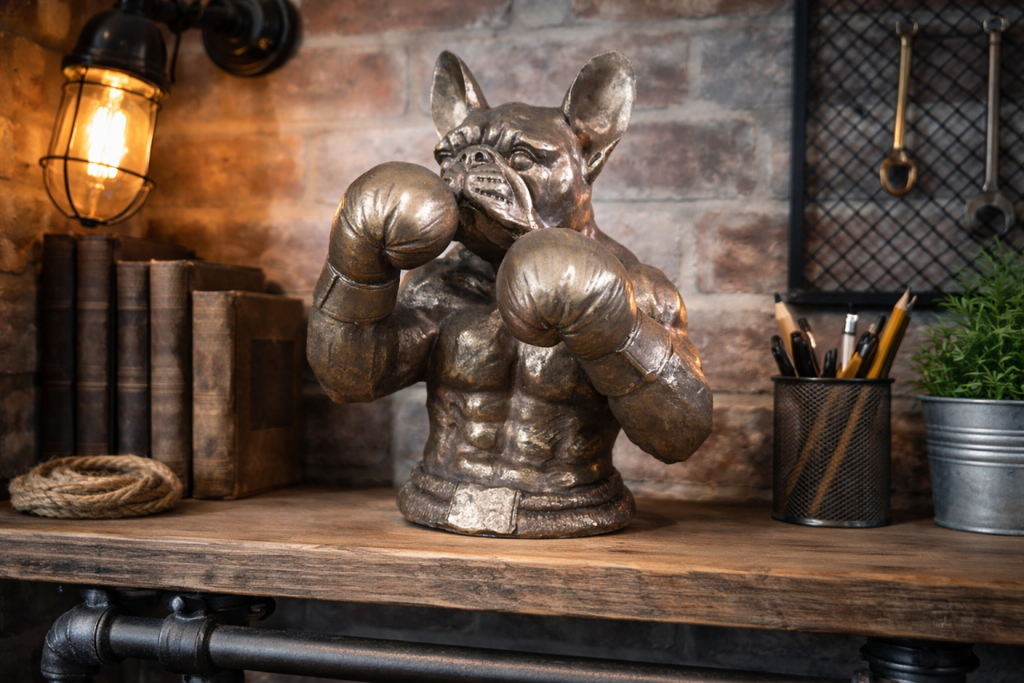 Antique Bronze Boxing French Bulldog Bust - Quirky Resin Frenchie Statue