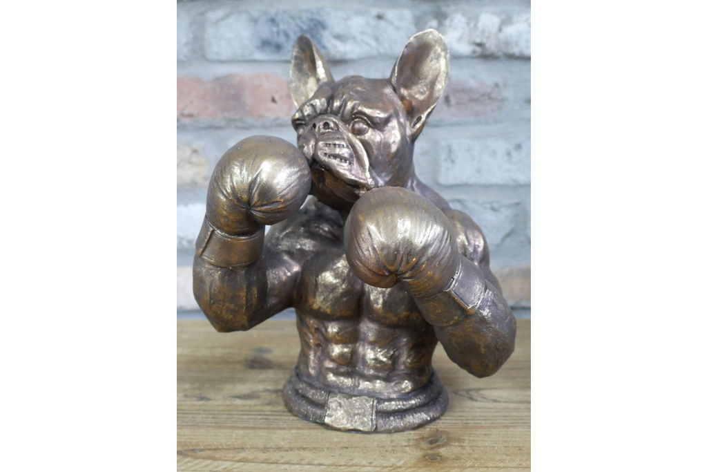 Antique Bronze Boxing French Bulldog Bust - Quirky Resin Frenchie Statue