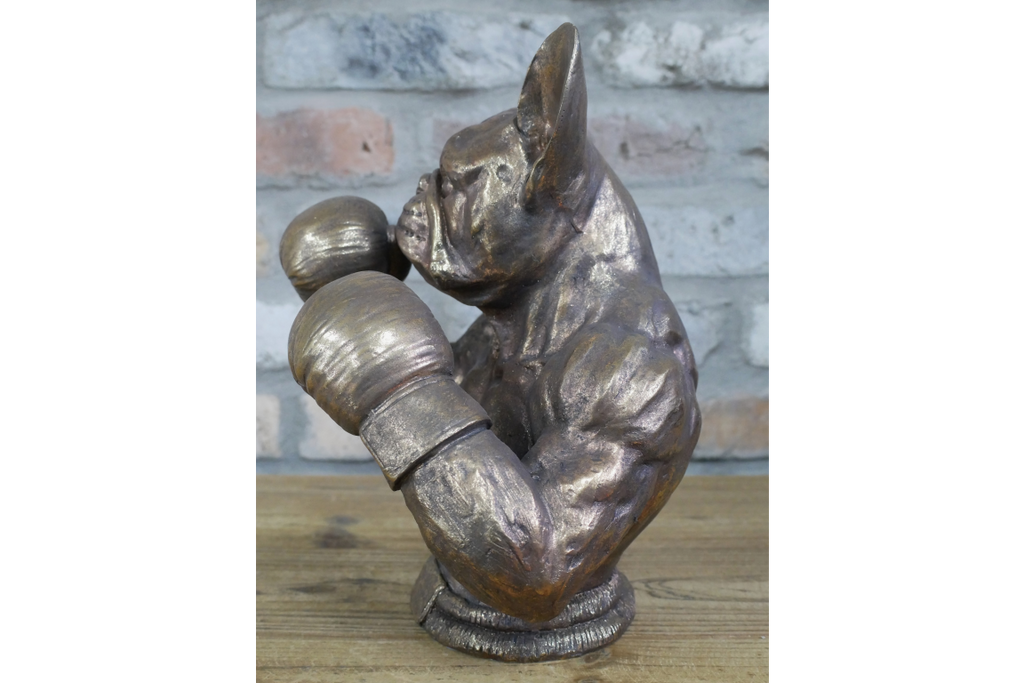 Antique Bronze Boxing French Bulldog Bust - Quirky Resin Frenchie Statue