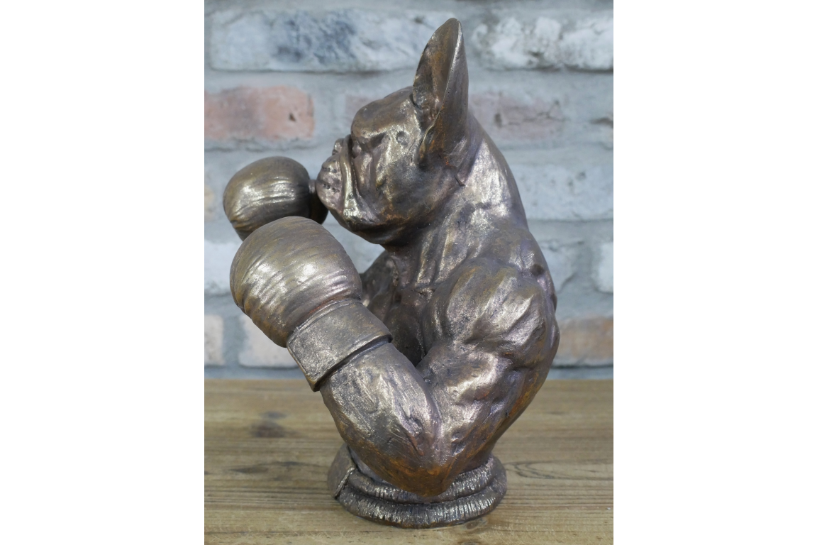 Antique Bronze Boxing French Bulldog Bust - Quirky Resin Frenchie Statue