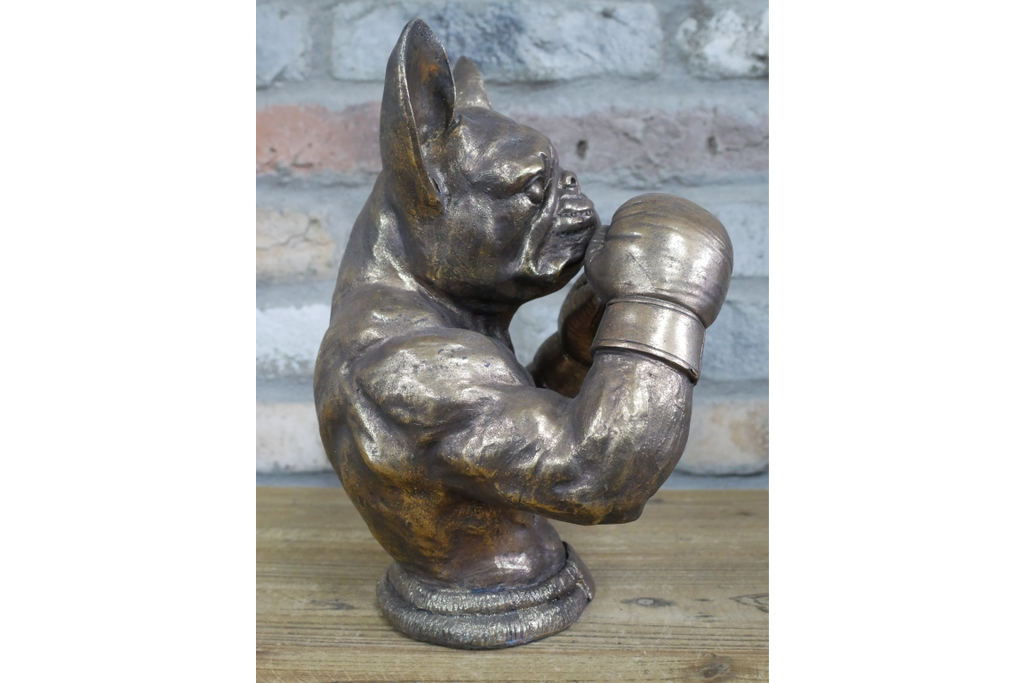 Antique Bronze Boxing French Bulldog Bust - Quirky Resin Frenchie Statue