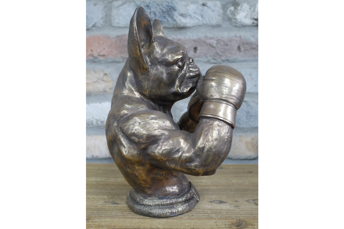 Antique Bronze Boxing French Bulldog Bust - Quirky Resin Frenchie Statue