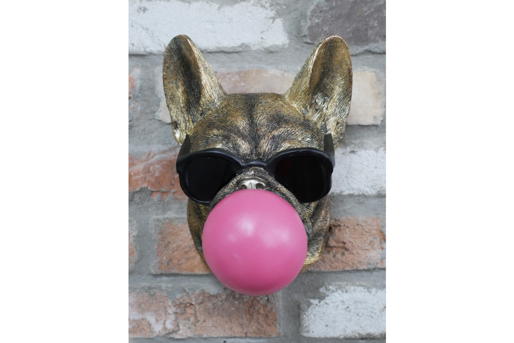 Gold French Bulldog Bubblegum Wall Decor - Pink Bubble Resin Dog Art