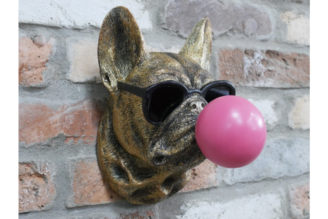 Gold French Bulldog Bubblegum Wall Decor - Pink Bubble Resin Dog Art