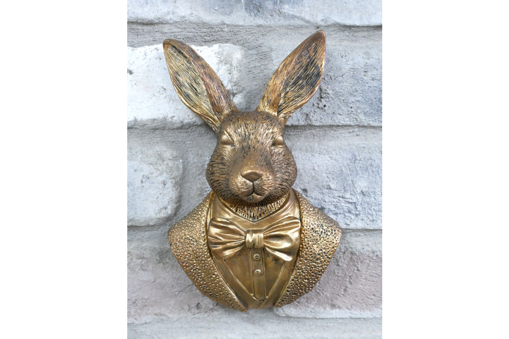 Antique Gold Hare Gentleman Wall Bust - Compact Resin Rabbit Decor