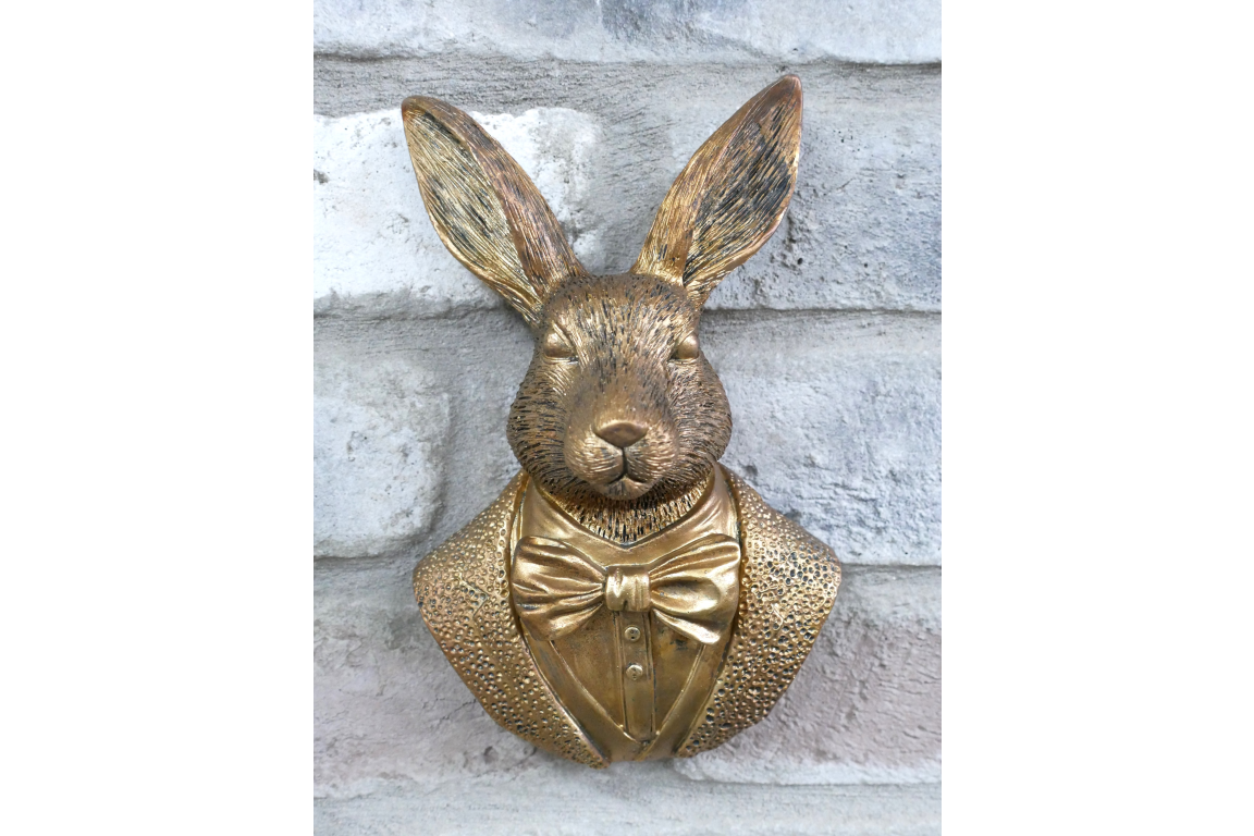 Antique Gold Hare Gentleman Wall Bust - Compact Resin Rabbit Decor