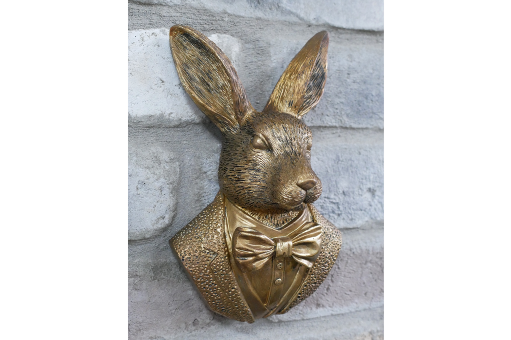 Antique Gold Hare Gentleman Wall Bust - Compact Resin Rabbit Decor