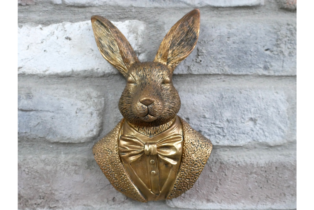 Antique Gold Hare Gentleman Wall Bust - Compact Resin Rabbit Decor