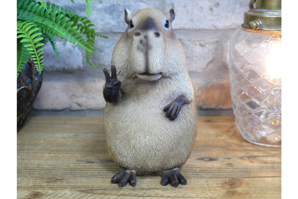 Quirky Resin Capybara Peace Sign Figurine - Cute Animal Home Table Decor