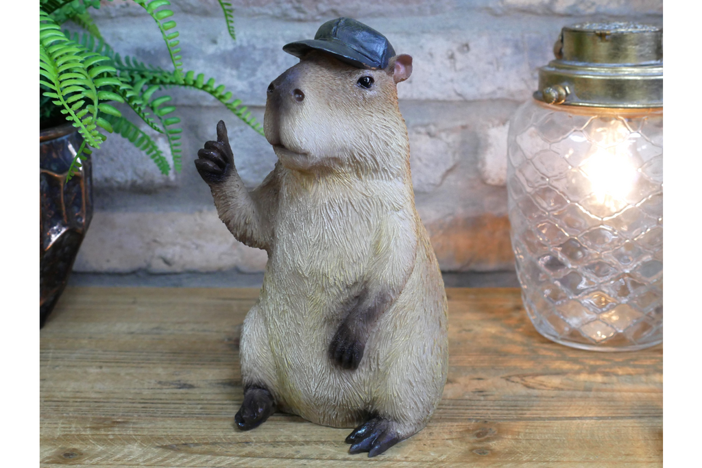 Resin Capybara with Hat Thumbs Up Figurine - Funny Animal Desk Decor