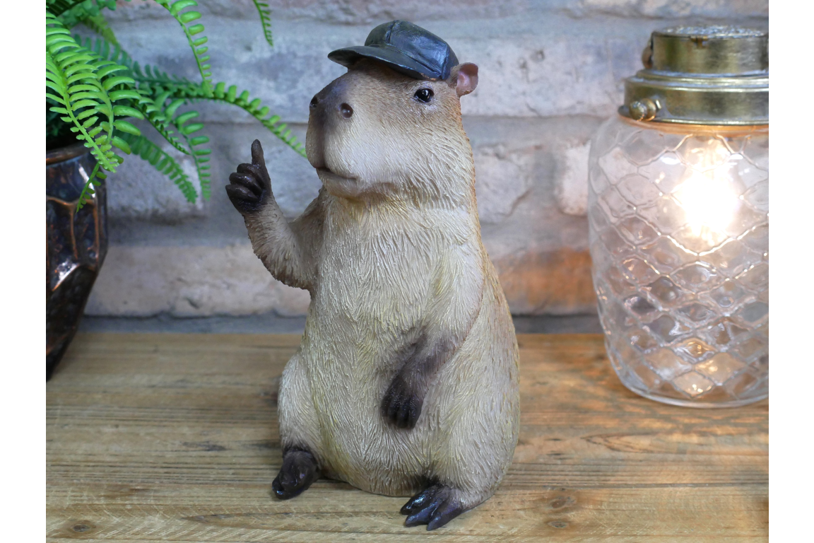 Resin Capybara with Hat Thumbs Up Figurine - Funny Animal Desk Decor