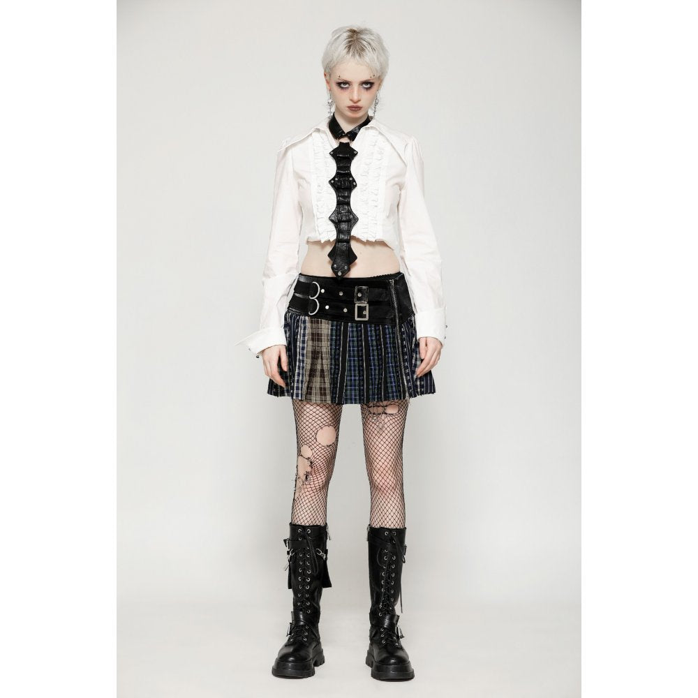 Dark in Love Sage Tartan Patchwork Leather-Waist Pleated Mini Skirt